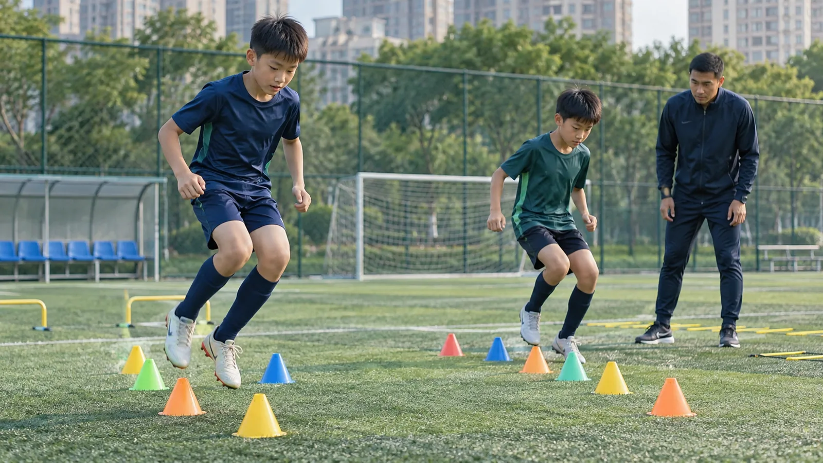 青少年球员在教练指导下完成协调任务