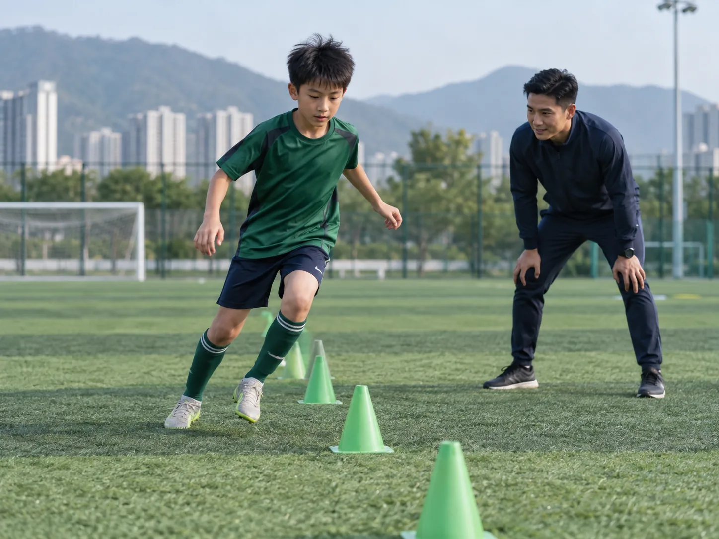 青少年球员在教练指导下完成基础灵敏任务